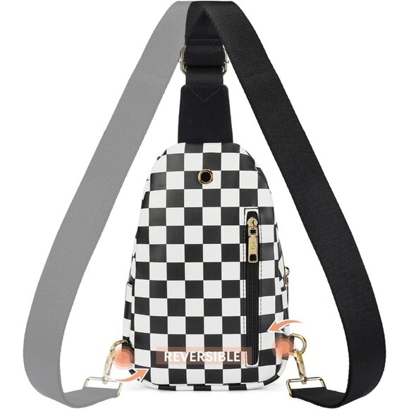 Women Checkered Black Imported PU Leather Small Crossbody Chest Sling Travel Bag - Picture 6 of 8